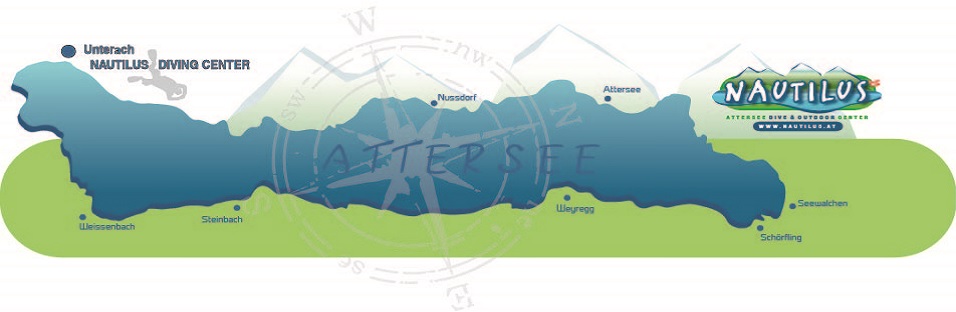 Grafik mit dem Attersee, den umgebenden Ortschaften und dem Logo von Nautilus